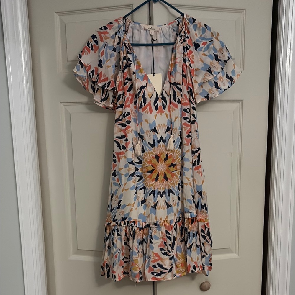 Elan Orange and Blue V-Neck Mini Sundress